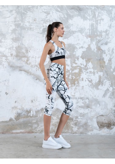 Mermer Desen Toparlayıcı Spor Kapri Tayt Beyaz - Siyah