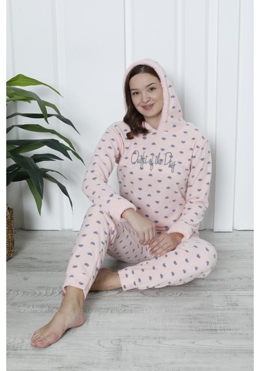 Fawn 3903 Peluş Welsoft Polar Kışlık Kapşonlu Kadın Pijama Takımı Soft Pembe