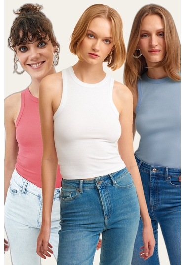 3'lü Paket Fitilli Halter Yaka Örme Atlet beyaz