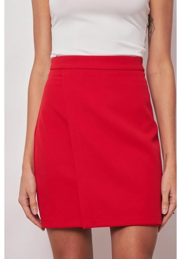 Kadın Hafif Likralı Kumaş Yüksek Bel Anvelop Kruvaze Hafif Mini Kalem Etek-kırmızı Kırmızı