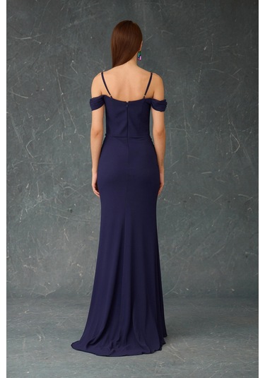 Carmen Kadın Askılı Uzun Şifon Abiye Elbise 58464 Lacivert Lacivert