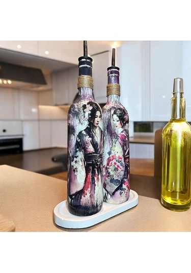 El Yapımı Japon Kadın Desenli Renkli 750 Ml Zeytinyağı Sıvıyağ Şi