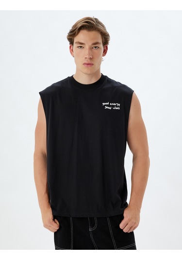 Koton Slogan Baskılı Atlet Bisiklet Yaka Kolsuz Pamuklu Siyah 4sam30046mk