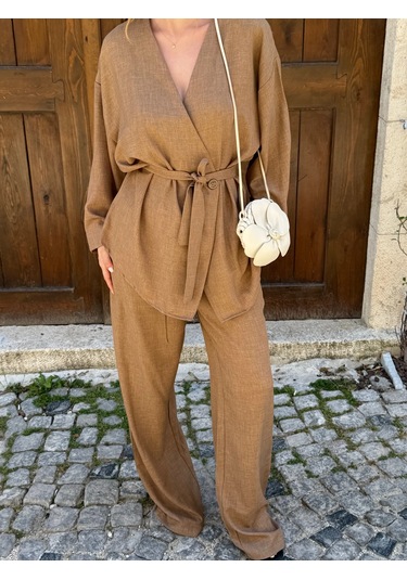 Laluvia Sütlü Kahve Tek Düğmeli Kuşaklı Kimono Takım - 007