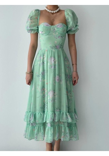 Şifon Kumaş Dijital Desen Baskılı Elbise L