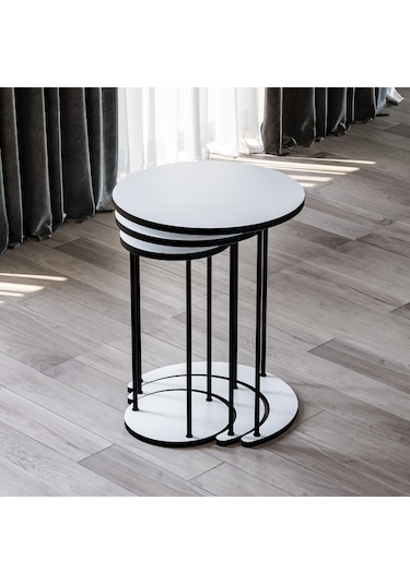 Alpa Ev Mobilya Ay 3 Lü Yuvarlak Zigon Sehpa Seti, Modern Metal Ayaklı C Model Şık Yan Sehpa Beyaz