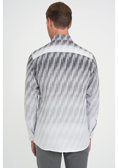 Comfort Fit Pano Desen Düğme Yaka %100 Keten Gri Gömlek G 1594 Gri