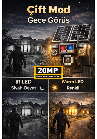 4 Kamera 20mp Ultrahd Güneş Enerjili Sim Kartlı 360 Güçlü Batarya 12xzoom Güvenlik Kamerası