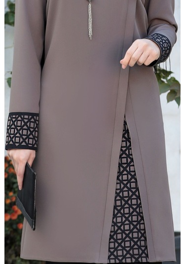 Lazer Kesim Detaylı Büyük Beden Tesettür Takım Vizon