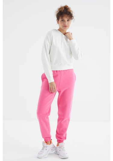 Tommy Life Şeker Pembe Yüksek Bel Şardonlu 3 İplik Pamuklu Basic Kadın Eşofman Altı - 94624 Şeker Pembe