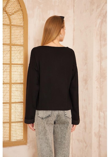 Kadın Ekstra Uzun Duble Kol / Yakası Yırtmaçlı Salaş Sweatshirt Bluz 3470190 Siyah