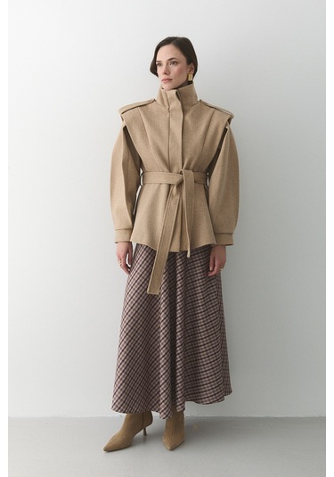 Bej Apoletli Vatkalı Kaşe Kaban - 1005 Bej