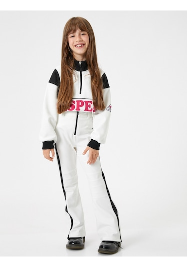 Koton Sweatshirt Dik Yaka Yarım Fermuarlı Uzun Kollu Baskılı Renk Kontrastlı Ekru 4wkg10559ak 4WKG10559AK010 Ekru