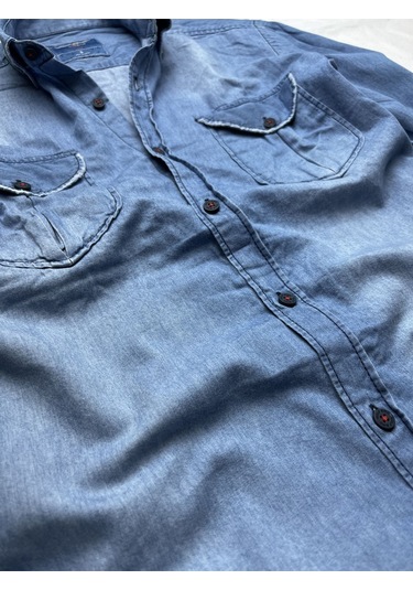 Slim Fit Saf Pamuk Denim Kumaş Kot Gömlek--çiftcep Mavi-- Açık Mavi