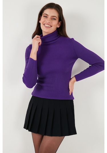 Lela Fitilli Regular Fit Balıkçı Yaka Soft Akrilik Bayan Kazak 4614102 Mor