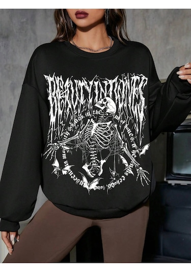 Adrift Coolane Skeleton & Letter Graphic Drop Shoulder Sweatshirt Siyah Siyah