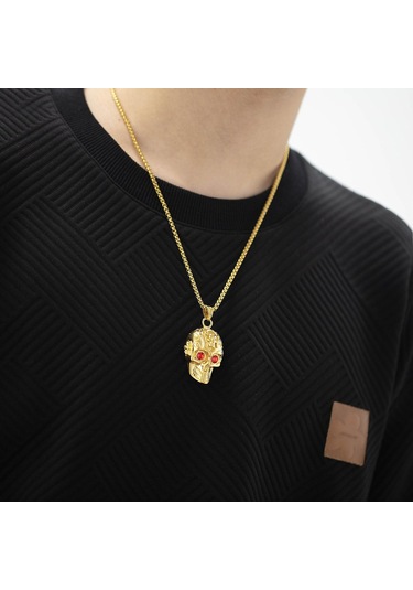 Altın Opk Kafatası Retro Kırmızı Gözler Kolye Erkekler 3 55cm Altın