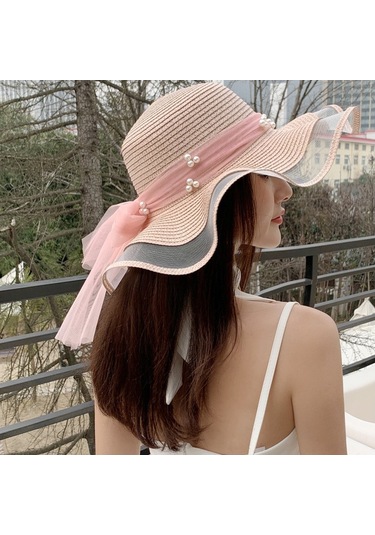 Şık Ve Zarif Bayanlar İçin İnci Detaylı Hasır Örgü Yazlık Güneş Şapkası Yeşil