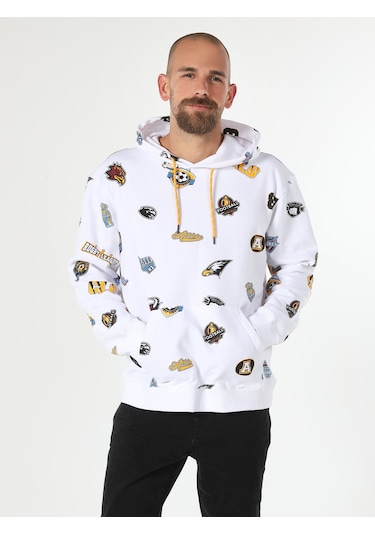 Colin's Regular Fit Baskılı Kapüşonlu Beyaz Erkek Sweatshirt CL1061644_Q1.V1_WHT