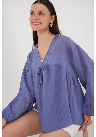 Kadın Önü Bağcıklı Uzun Kol Bluz 946 - İndigo Indigo