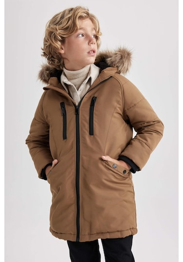 Defacto Erkek Çocuk Su İtici Çıkarılabilir Kürklü Kapüşonlu Pelüş Astar Kaban A2733A823CWBN315 Kahverengi