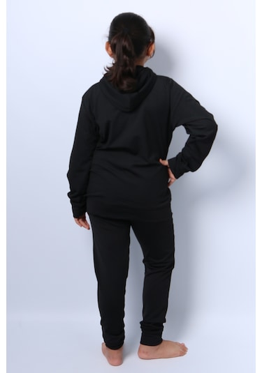 Kız Çocuk Eşofman Takımı Kapşonlu Fermuarlı Ribanalı C59 Siyah