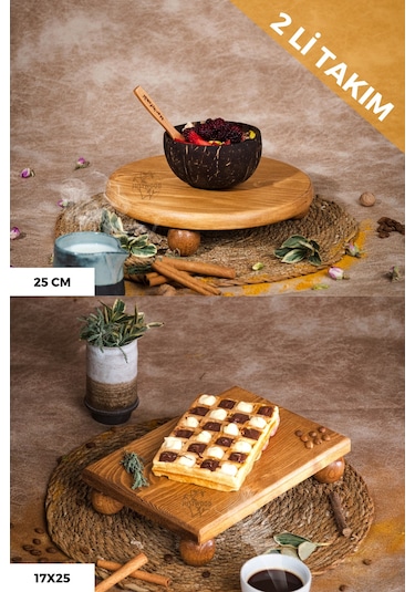 2 Li Risus Top Ayaklı 25 Cm Ve 17x25 Cm Ahşap Sunum Tabağı
