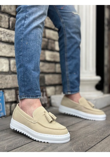 Pabucmarketi Bağcıksız Püsküllü Keten Erkek Ayakkabı Krem Beyaz Taban Çok Renkli