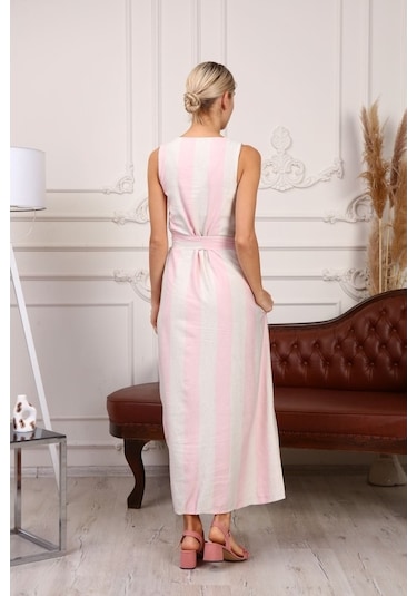 Aymeravm - Kemerli Çizgili Kalın Askılı Kadın Elbise - Mas0506Ga