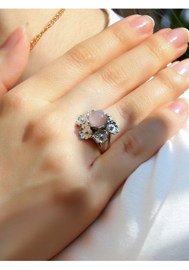 Esha Store Doğal Taş Pembe Kuvars Doğal Taşlı Çiçek Model Telkari Kadın Ayarlanabilir Gümüş Kaplama Yüzük Euy61 Pembe