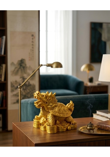 Feng Shui Altın Ejderha Kaplumbağa Figürü Bolluk, Bereket Ve Kariyer Şansı Dekoru