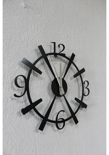 Dekoratif Büyük Rakamlı Duvar Saati Siyah Metal, 40 Cm, Sessiz Siyah