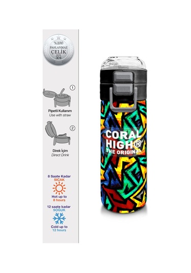 Coral High 500 Ml Paslanmaz Çelik Okul Termosu/suluk/matara - Erkek Çocuk - Siyah Grafiti Desenli - Sızdırma Yapmaz Çok Renkli