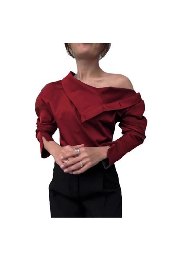 Kadın Gömlek Düğme Eklemeli Balıkçı Yaka Uzun Kollu Rahat Bol Kesim Gömlek Düz Şarap Kırmızısı