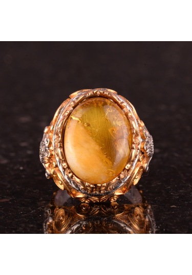 925 Ayar Gümüş Doğal Kehribar Taşlı Erkek Yüzük - El Yapımı Vintage Tarzı Takı Gümüş