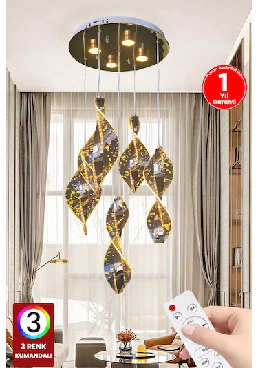 Fuzon 3 Renk Kumandalı Gold Kaplama Sarkıt Modern Led Avize 5'li Yaprak Gold Kasa