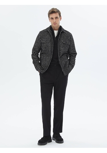 Kip Siyah Kareli Regular Fit Dokuma Yün Karışımlı Overshırt Siyah