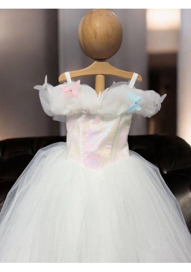 Kız Çocuk Prenses Yaka Kelebek İşlemeli Pullu Tarlatanlı Abiye Elbise-15464 Beyaz