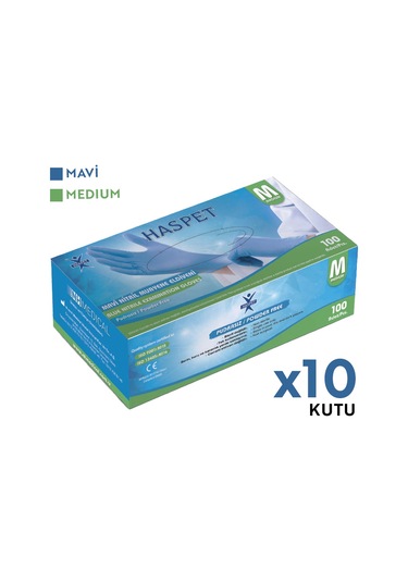 Haspet Nitril Muayene Eldiveni 100'lü M Orta Boy Mavi 10 Kutu