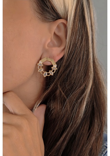 Mirror Damla Çiçek Figür Altıgen Model Çelik Küpe Gold