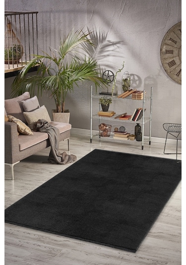 Vl Comfort Puffy Ponpon Saçak Peluş Yıkanabilir Siyah Yolluk Düz Saçak Siyah