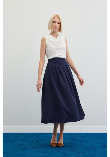 Sateen Pileli Midi Etek - Lacivert-136480 Lacivert
