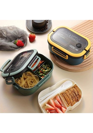 Xuweiwei Mavi 1200ml Sızdırmaz 2 Katlı Bento Kutusu Çatal Kaşık Mikrodalga Fırın Yemek Kabı Mavi