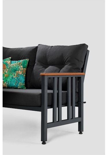 Çamlıca Alüminyum Tekli Koltuk -Ahşap Desenli Minderli - Bahçe Balkon Koltuğu Siyah