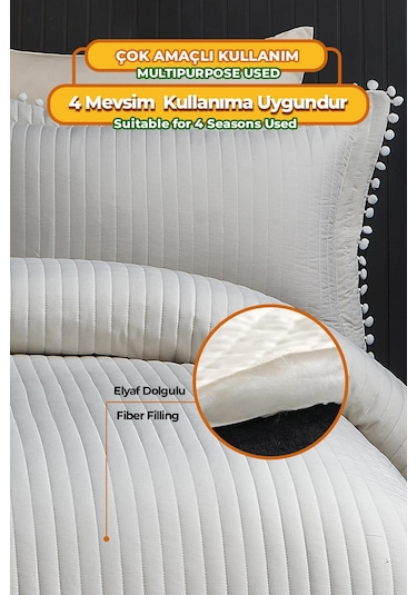 Evlen Home Collection Ponponlu Çift Kişilik %100 Pamuk Yatak Örtüsü Pike Takımı Krem Beyaz