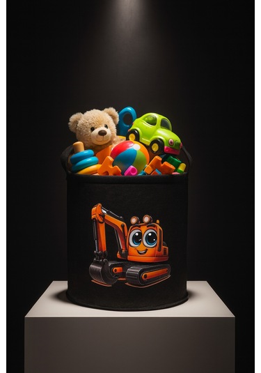 Siyah Keçe Oyuncak Sepeti Çizgi Film Kepçe Desenli, Katlanabilir Kulplu, Çocuk Odası Düzenleyici Siyah