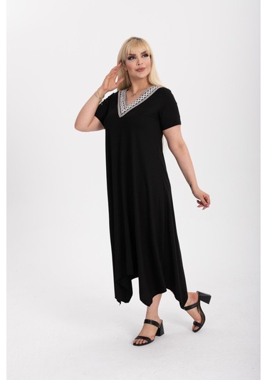 Kadın Büyük Beden Siyah Viskon Etnik Yaka Şık Elbise Siyah