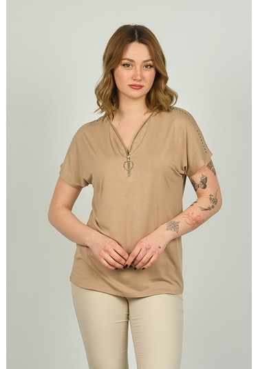 Ella Camelia Kadın Fermuarlı Kısa Kol Bluz 20e038 Vizon