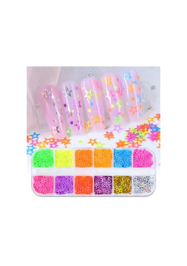 Neon Renkli Yıldızlar Tırnak Süsleme Folyo Pulları Mix Nail Art