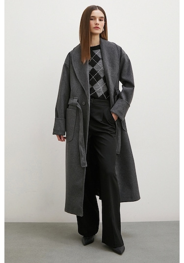 Kuşaklı Şal Yaka Kaban Antrasit